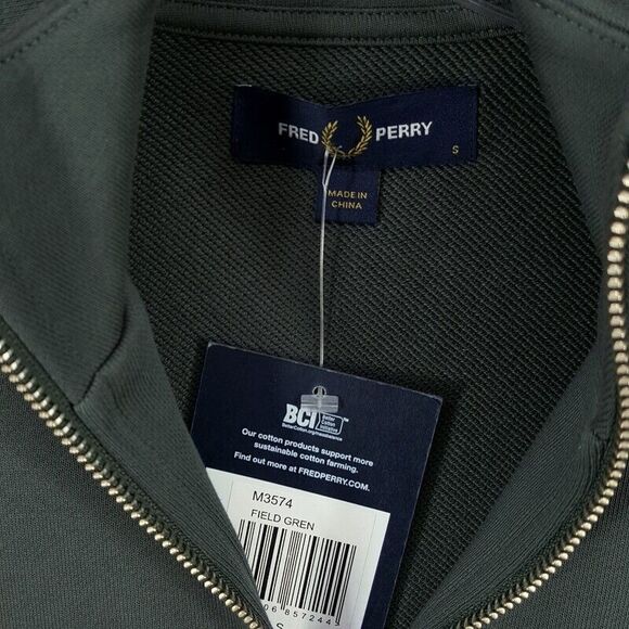 FRED PERRY Sweatshirt Mens Small Field Green 1/4 Zip Pullover Logo $125 - Picture 3 of 8